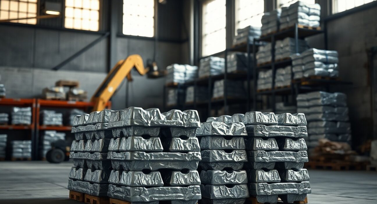 Stacked aluminium ingots in a warehouse with natural lighting, representing industrial metal market conditions.