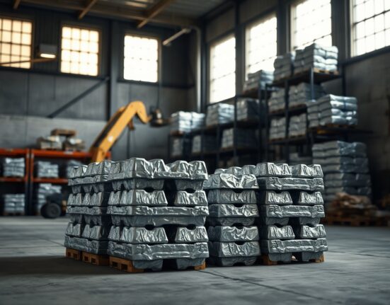 Stacked aluminium ingots in a warehouse with natural lighting, representing industrial metal market conditions.