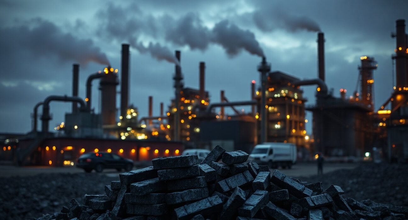Aluminium ingots at a smelter facility under overcast sky, representing supply chain strain.