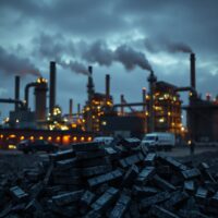 Aluminium ingots at a smelter facility under overcast sky, representing supply chain strain.