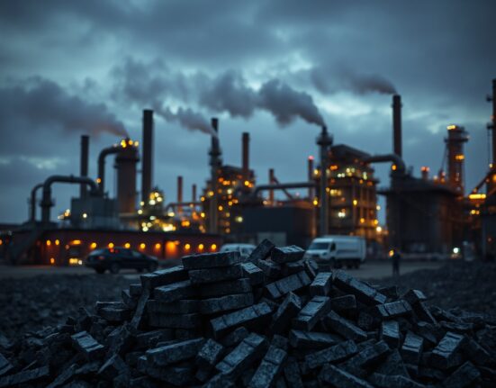 Aluminium ingots at a smelter facility under overcast sky, representing supply chain strain.