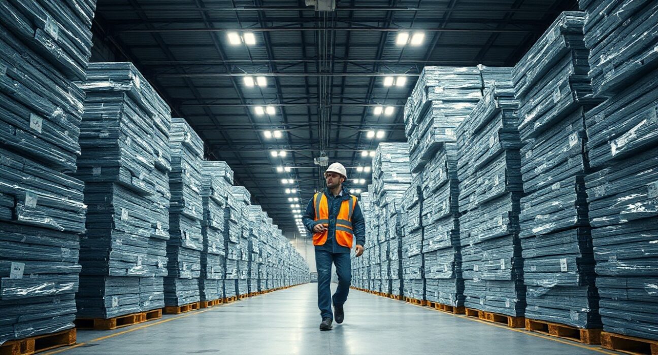 Industrial warehouse with stacked aluminium ingots and a worker walking between rows, representing metal trade and market activity.