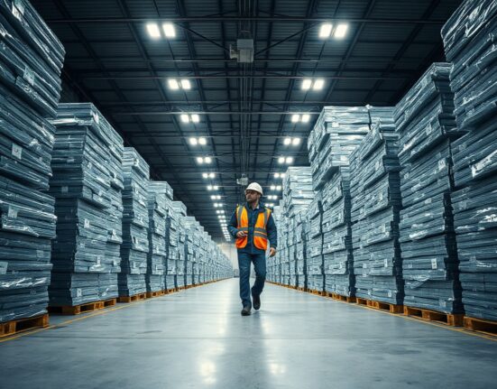 Industrial warehouse with stacked aluminium ingots and a worker walking between rows, representing metal trade and market activity.