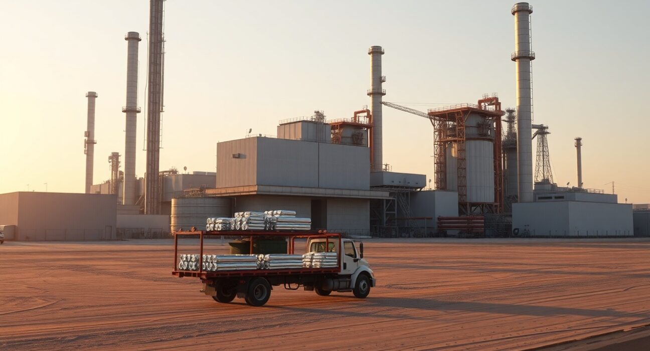 Aluminium smelter in the Gulf region with truck transporting ingots