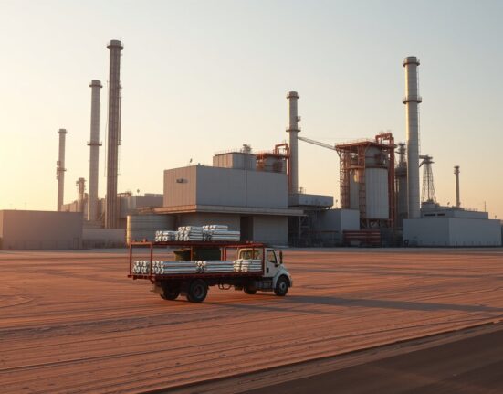 Aluminium smelter in the Gulf region with truck transporting ingots