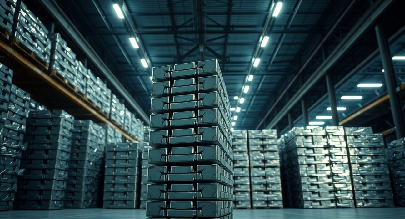 Stacked aluminium ingots in a warehouse, indicating high inventory levels and weak demand
