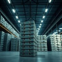 Stacked aluminium ingots in a warehouse, indicating high inventory levels and weak demand