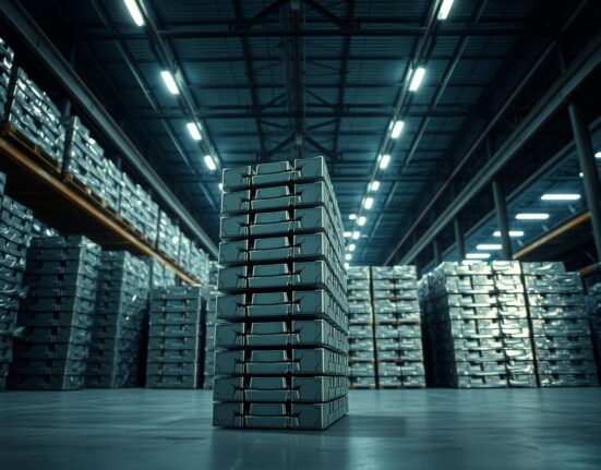 Stacked aluminium ingots in a warehouse, indicating high inventory levels and weak demand