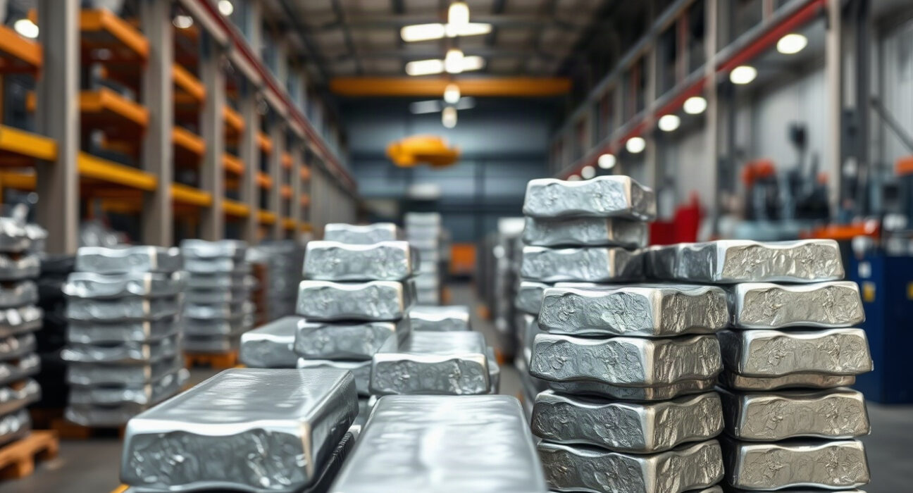 Aluminium ingots stacked in a warehouse, representing the metal's supply chain and market dynamics.