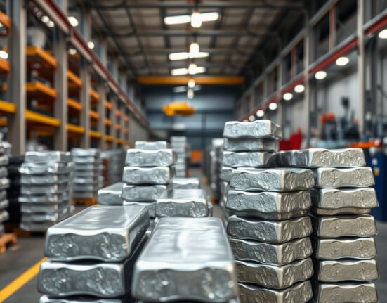 Aluminium ingots stacked in a warehouse, representing the metal's supply chain and market dynamics.