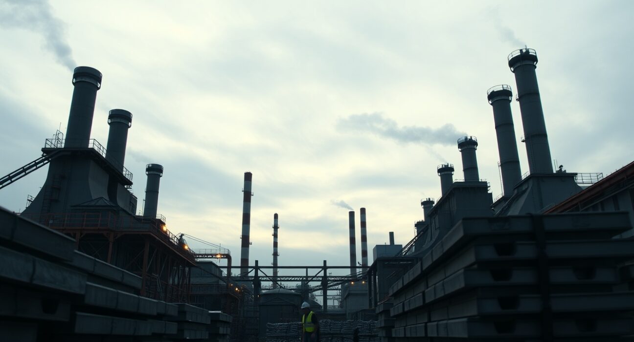 Aluminium smelter facility with ingots in foreground, representing production decline due to disruptions.