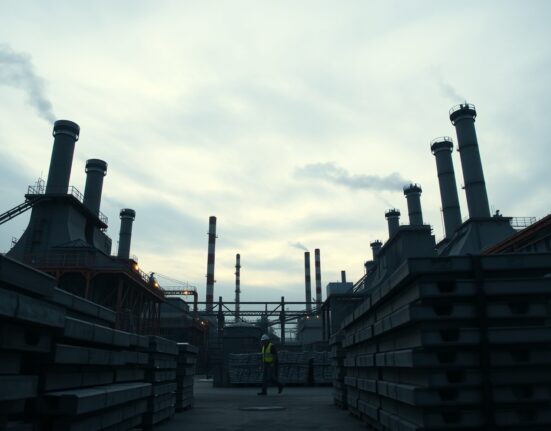 Aluminium smelter facility with ingots in foreground, representing production decline due to disruptions.