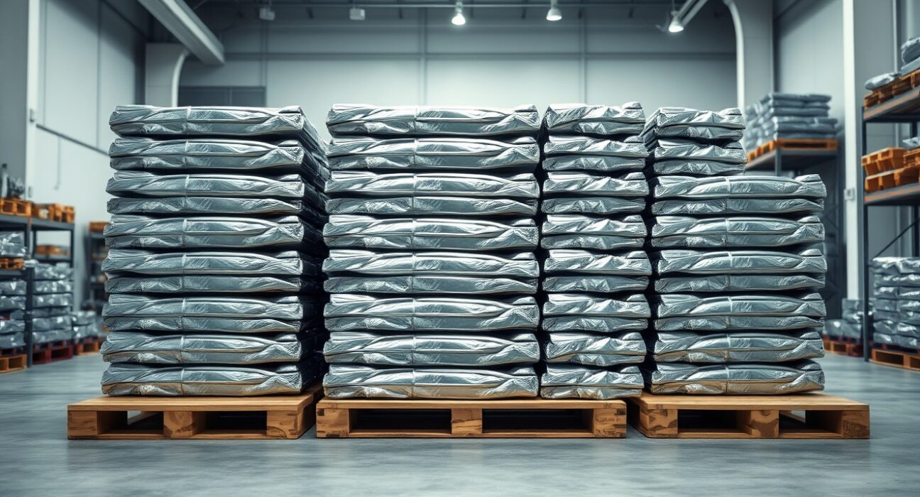 Stack of aluminium ingots in industrial warehouse reflecting soft overhead lighting