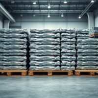 Stack of aluminium ingots in industrial warehouse reflecting soft overhead lighting
