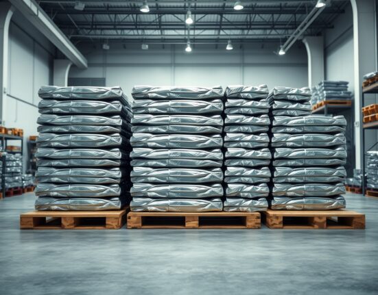Stack of aluminium ingots in industrial warehouse reflecting soft overhead lighting