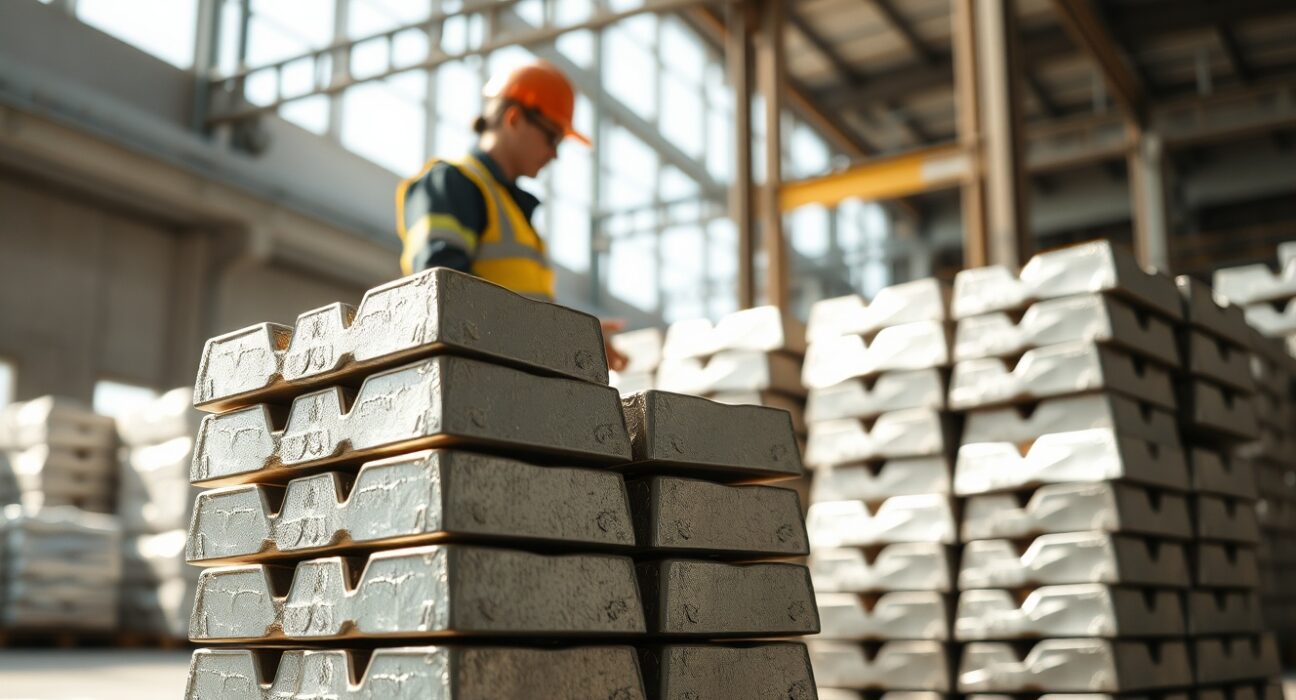 Stacked aluminium ingots in a warehouse, representing industrial metal supply and market tightness.