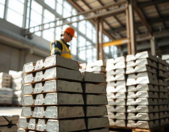 Stacked aluminium ingots in a warehouse, representing industrial metal supply and market tightness.