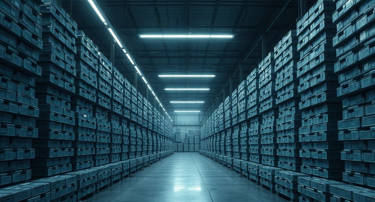 Stacked aluminium ingots in an industrial warehouse under cool lighting
