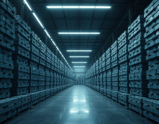 Stacked aluminium ingots in an industrial warehouse under cool lighting