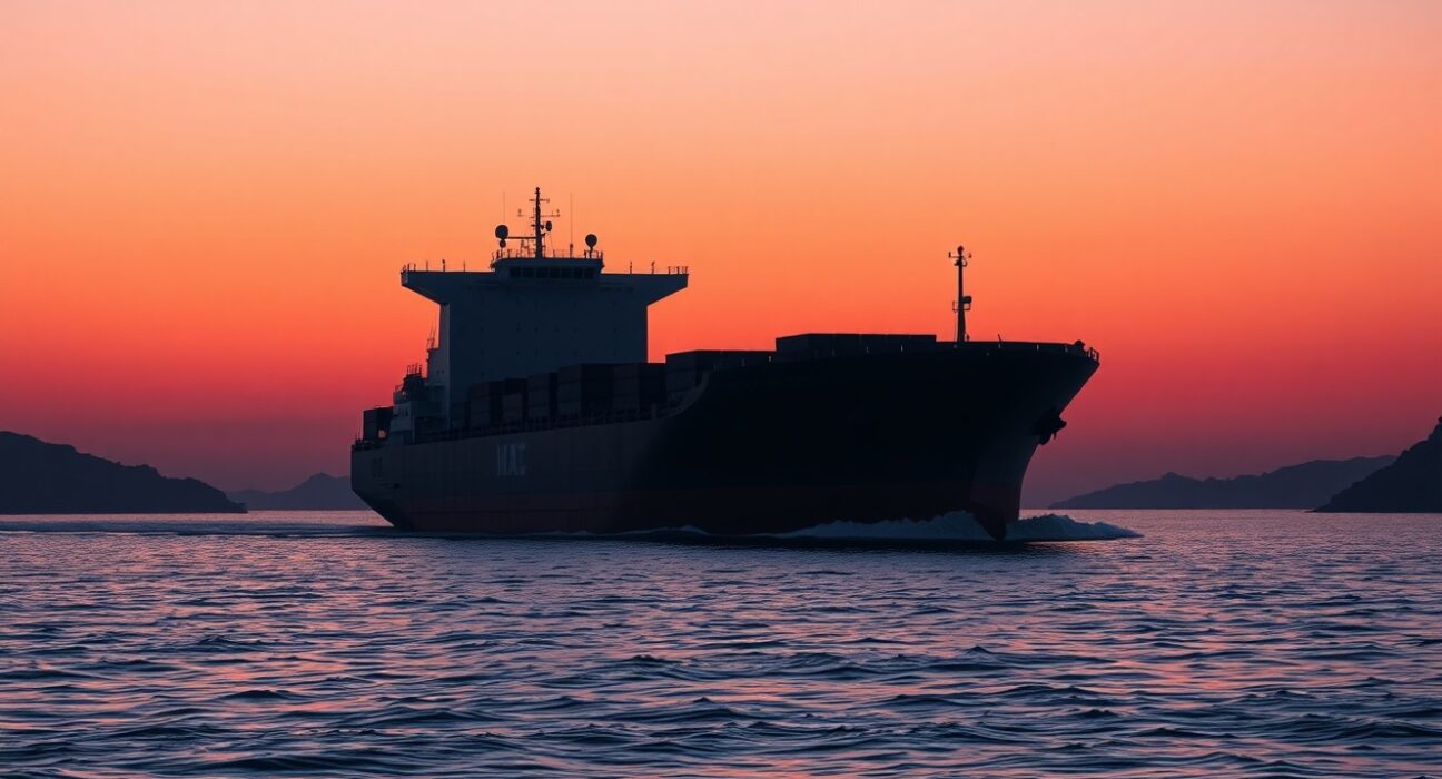 Cargo ship navigating the strategic Strait of Hormuz, illustrating aluminium supply chain vulnerability