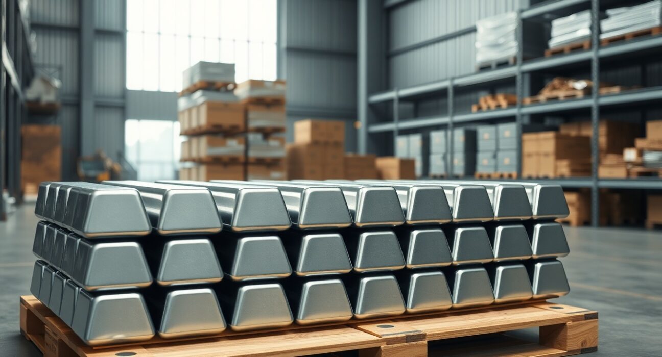 Aluminium ingots in industrial warehouse representing supply chain and market analysis