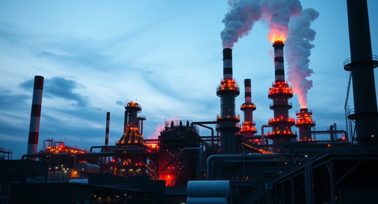 Industrial aluminium smelter at dusk with molten metal glow
