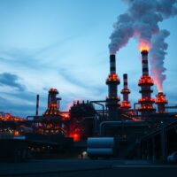 Industrial aluminium smelter at dusk with molten metal glow