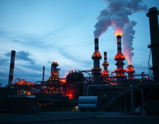 Industrial aluminium smelter at dusk with molten metal glow