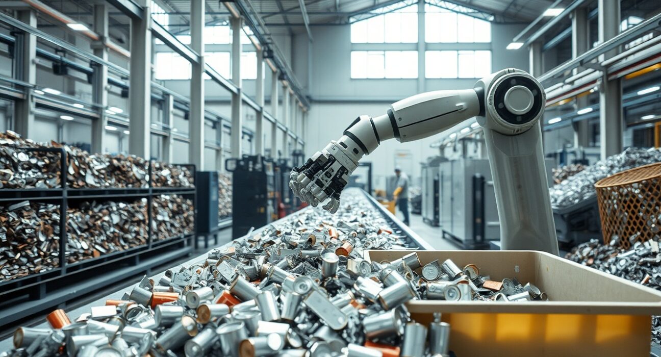Robotic arm sorting aluminum scrap on a conveyor belt in a modern recycling facility