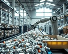 Robotic arm sorting aluminum scrap on a conveyor belt in a modern recycling facility