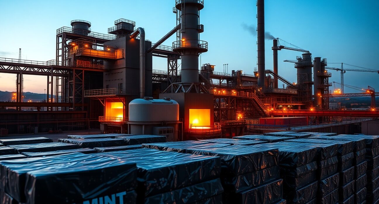 Aluminum smelter facility with glowing furnaces and stacked ingots at dusk