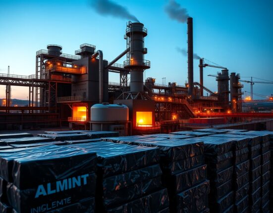 Aluminum smelter facility with glowing furnaces and stacked ingots at dusk