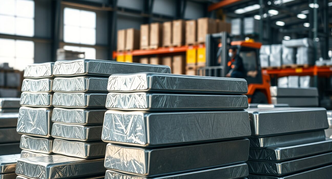 Aluminum ingots in warehouse storage highlighting industrial metal supply chain context