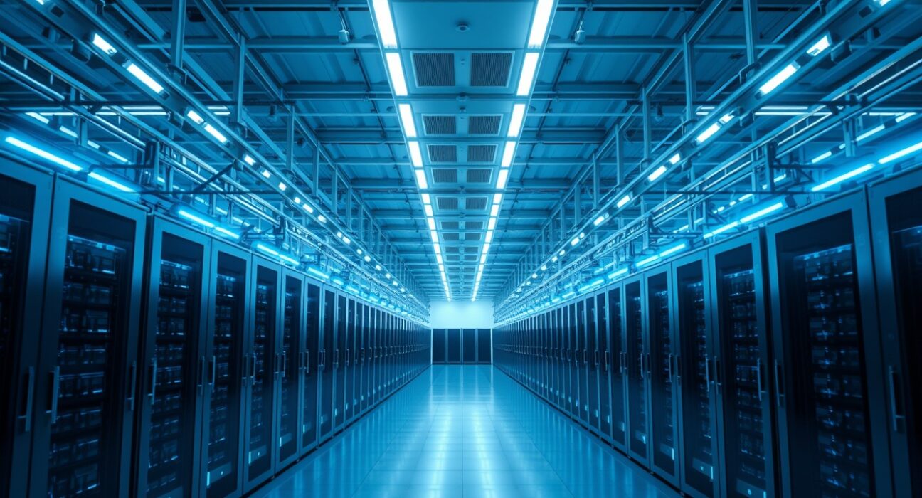 Interior of an AWS data center in India with rows of servers and blue LED lighting.