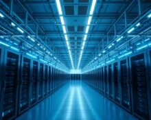 Interior of an AWS data center in India with rows of servers and blue LED lighting.