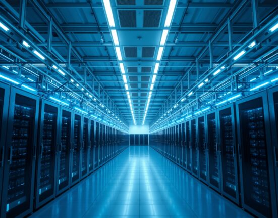 Interior of an AWS data center in India with rows of servers and blue LED lighting.