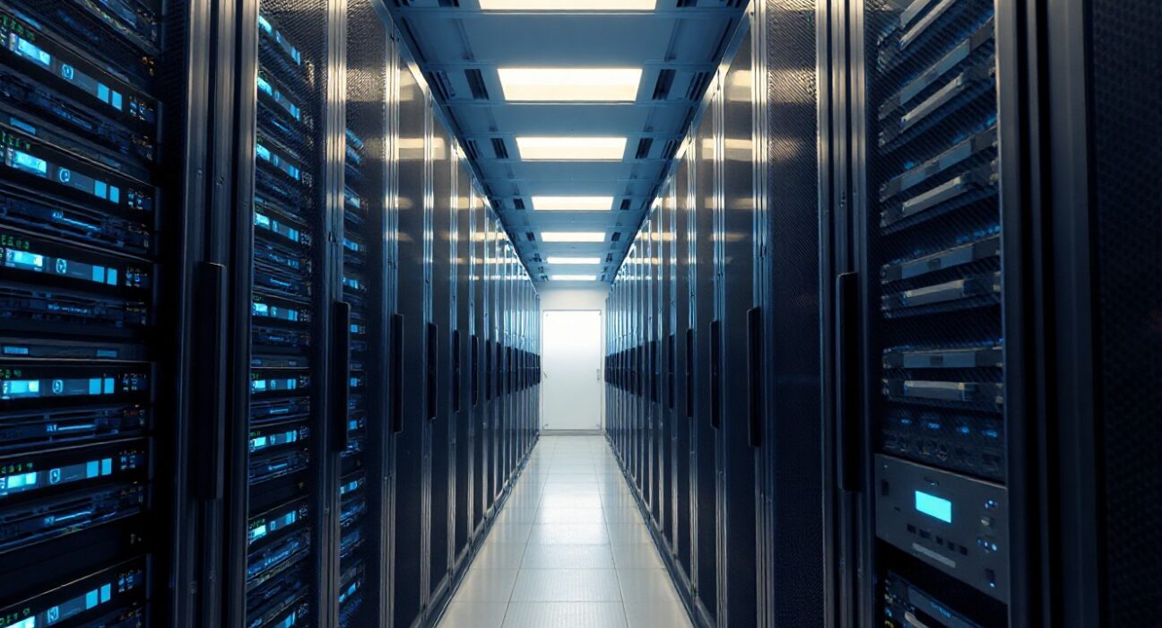 Aisle of server racks in a modern data center with one rack featuring AWS Trainium chip indicators.