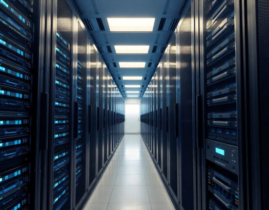 Aisle of server racks in a modern data center with one rack featuring AWS Trainium chip indicators.