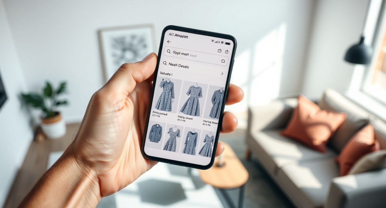 Person holding smartphone showing Amazon app with AI-generated product image search results for a blue gingham dress.