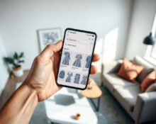 Person holding smartphone showing Amazon app with AI-generated product image search results for a blue gingham dress.