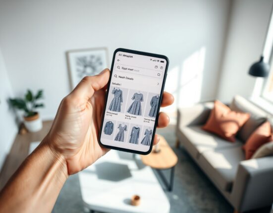 Person holding smartphone showing Amazon app with AI-generated product image search results for a blue gingham dress.