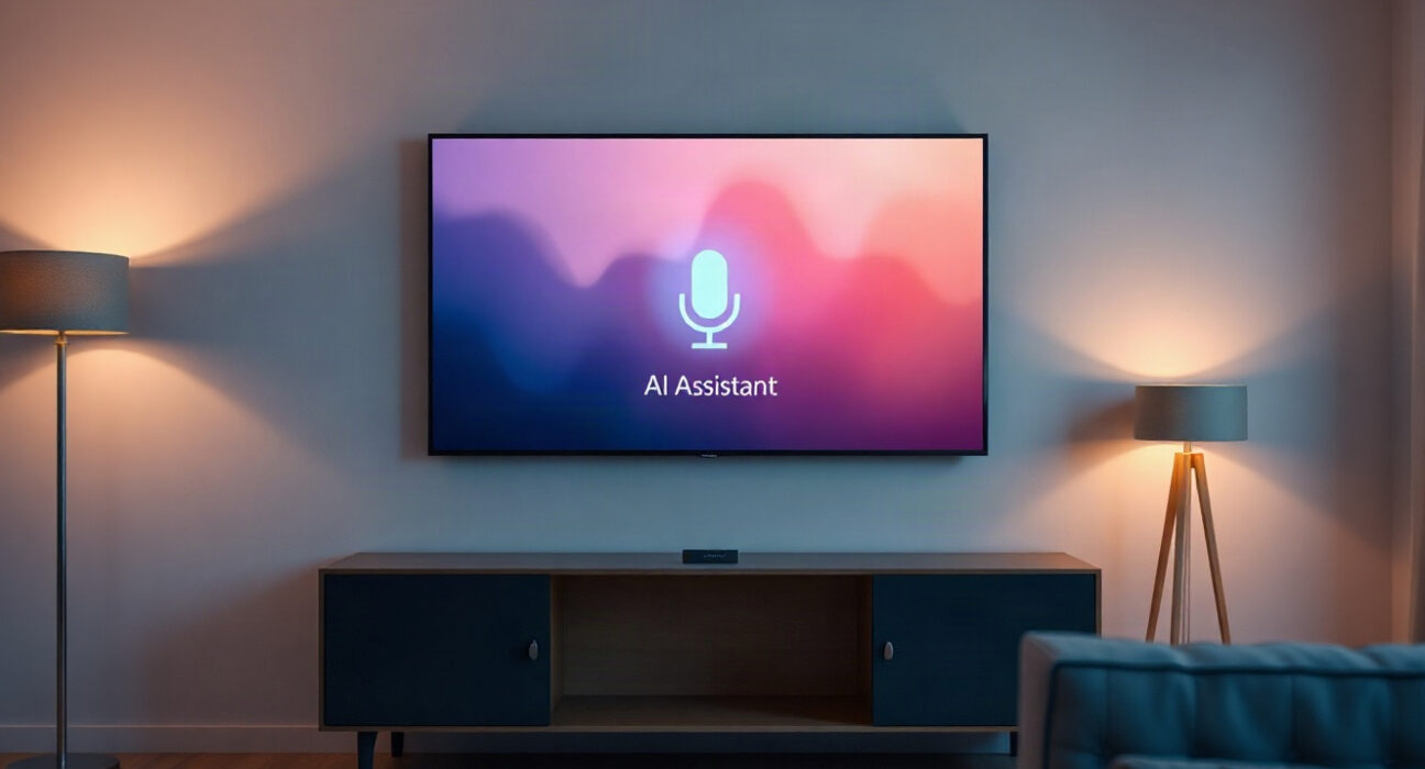 Modern living room with a large TV displaying an AI assistant interface and a Fire TV Stick on the console below