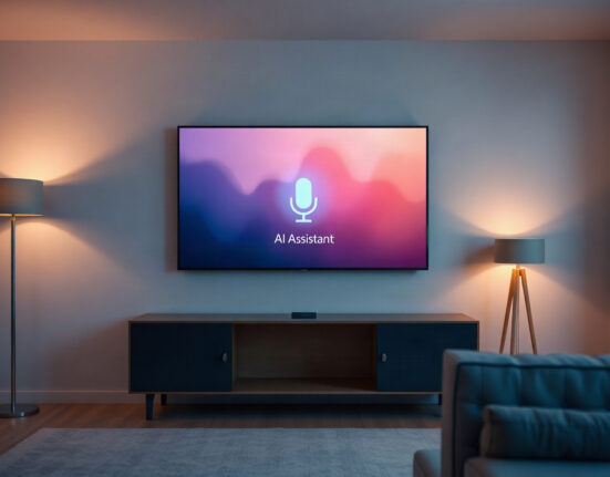 Modern living room with a large TV displaying an AI assistant interface and a Fire TV Stick on the console below