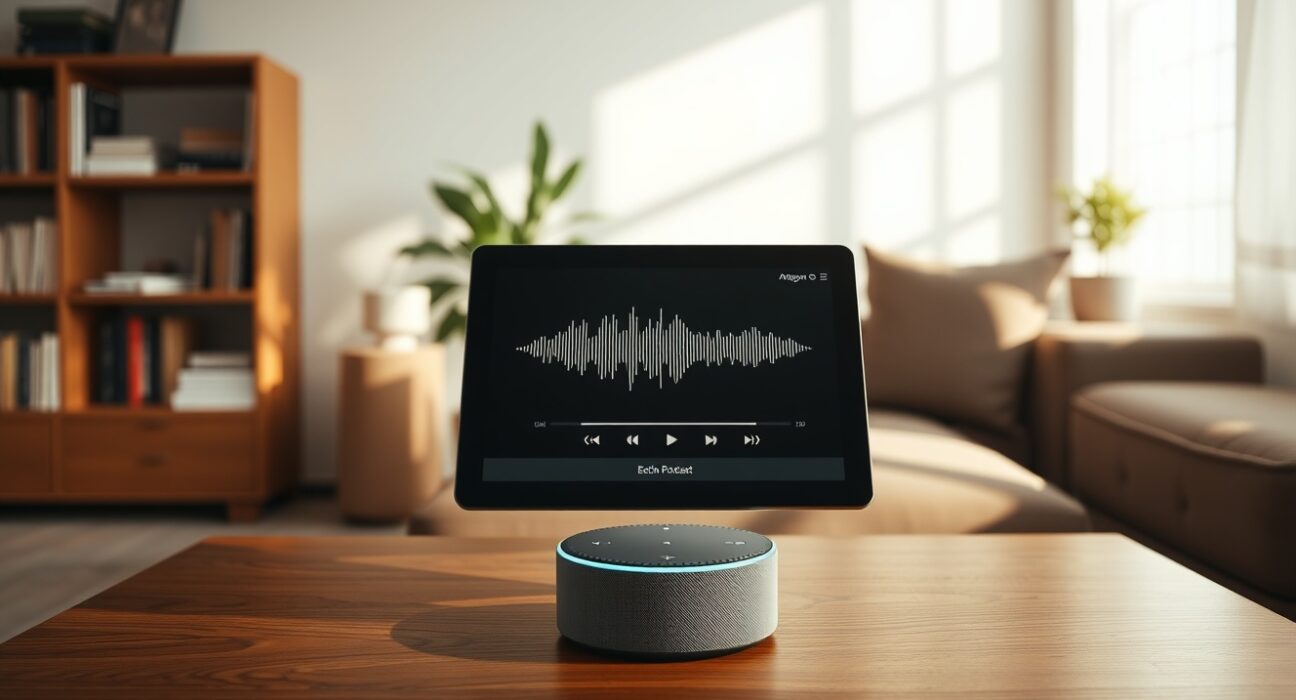 Amazon Echo Show displaying podcast waveform in a sunlit living room