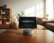 Amazon Echo Show displaying podcast waveform in a sunlit living room