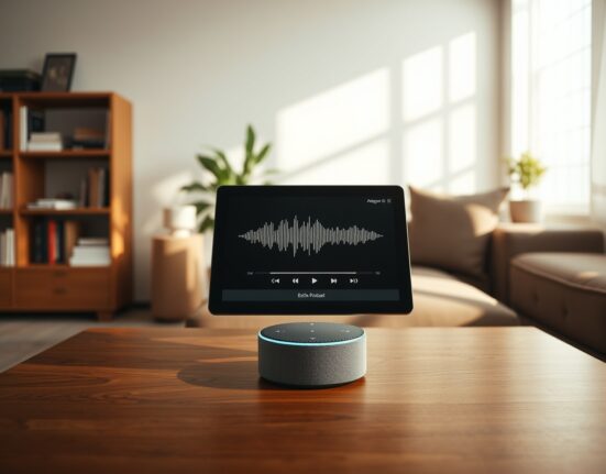 Amazon Echo Show displaying podcast waveform in a sunlit living room