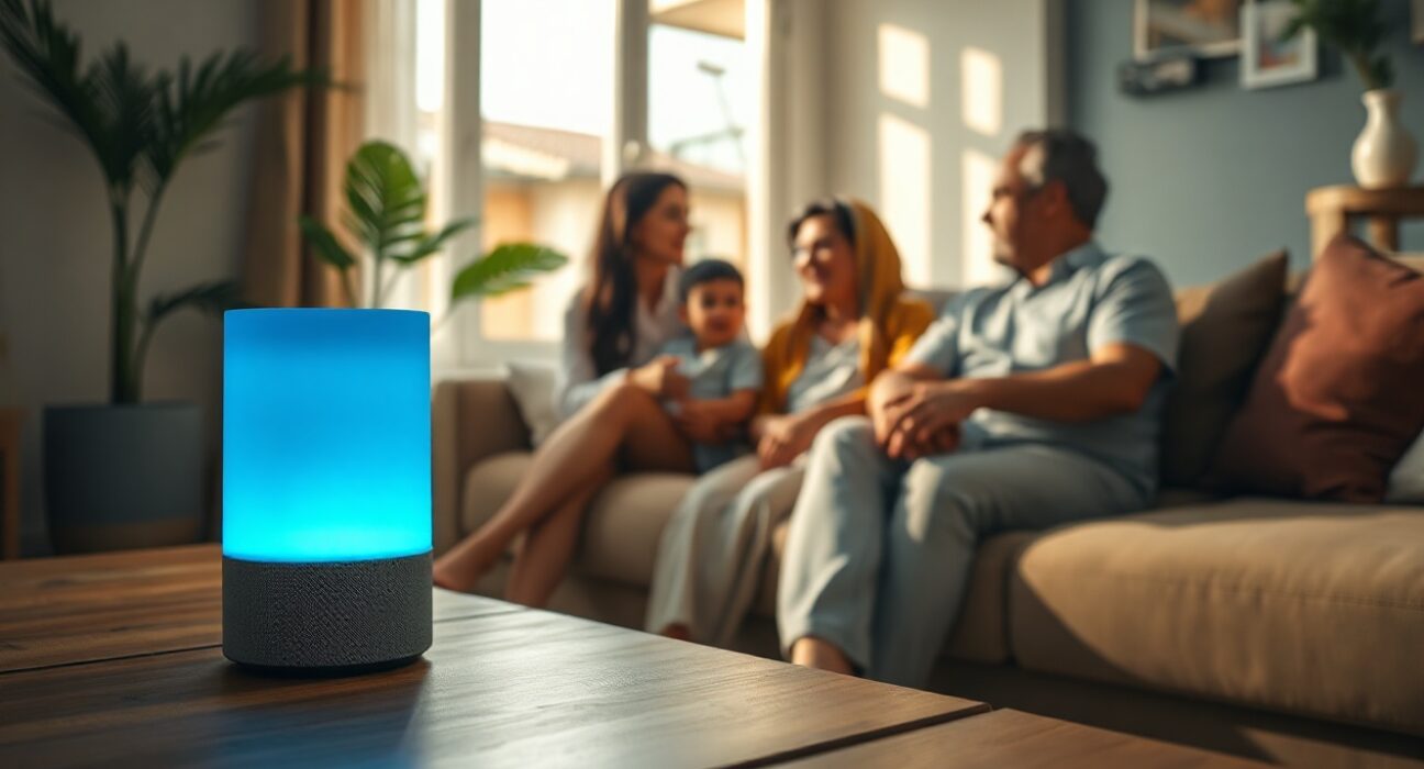 Smart speaker in an Indian living room with family nearby, representing Alexa+ Hindi beta testing