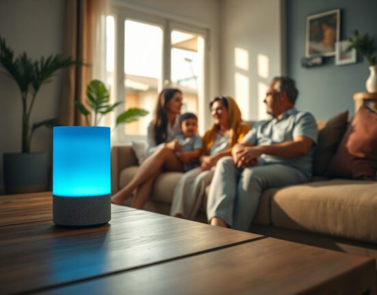 Smart speaker in an Indian living room with family nearby, representing Alexa+ Hindi beta testing