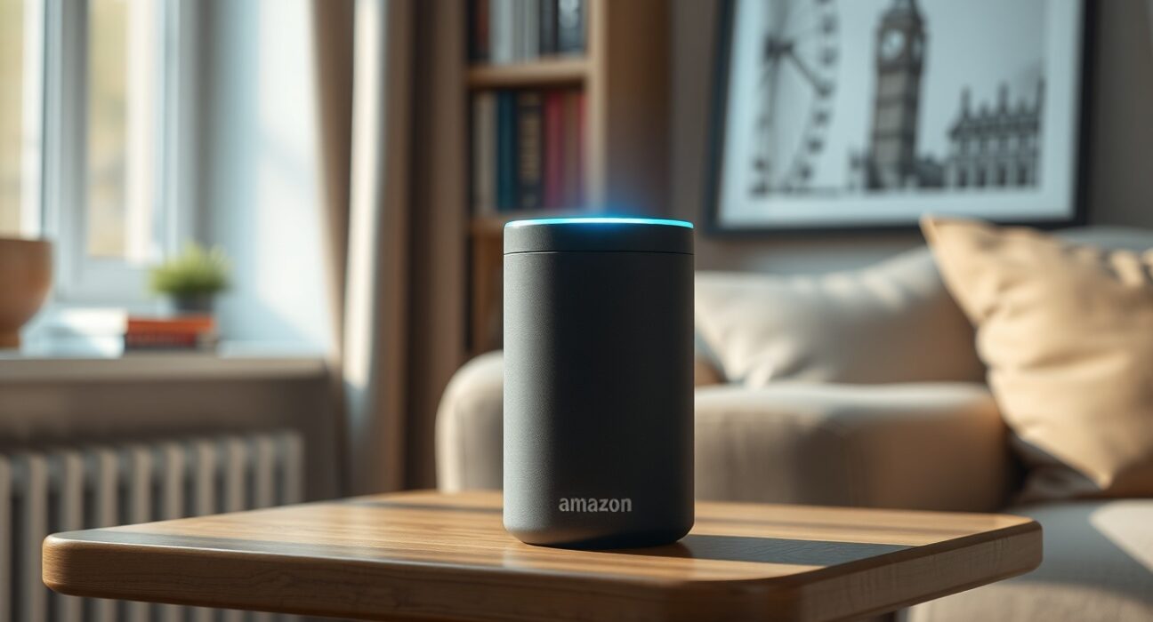 Amazon Echo device representing the launch of the Alexa+ AI assistant in the United Kingdom.