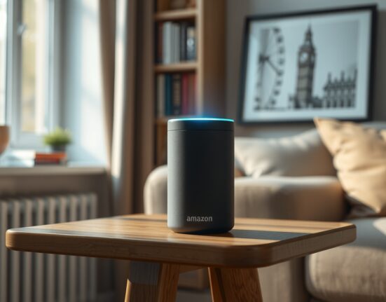 Amazon Echo device representing the launch of the Alexa+ AI assistant in the United Kingdom.